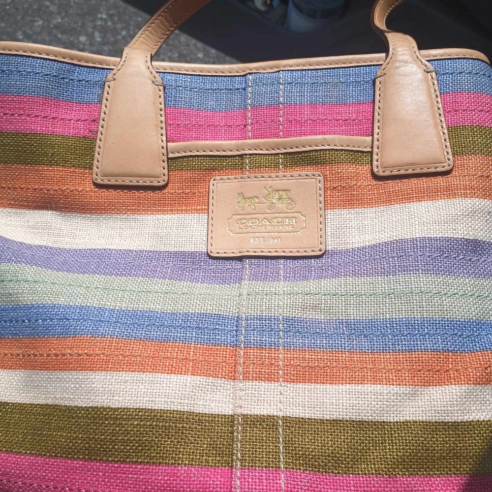 Coach Multicolor Stripe Canvas Tote with Tan Leather Trim - Picture 3 of 9